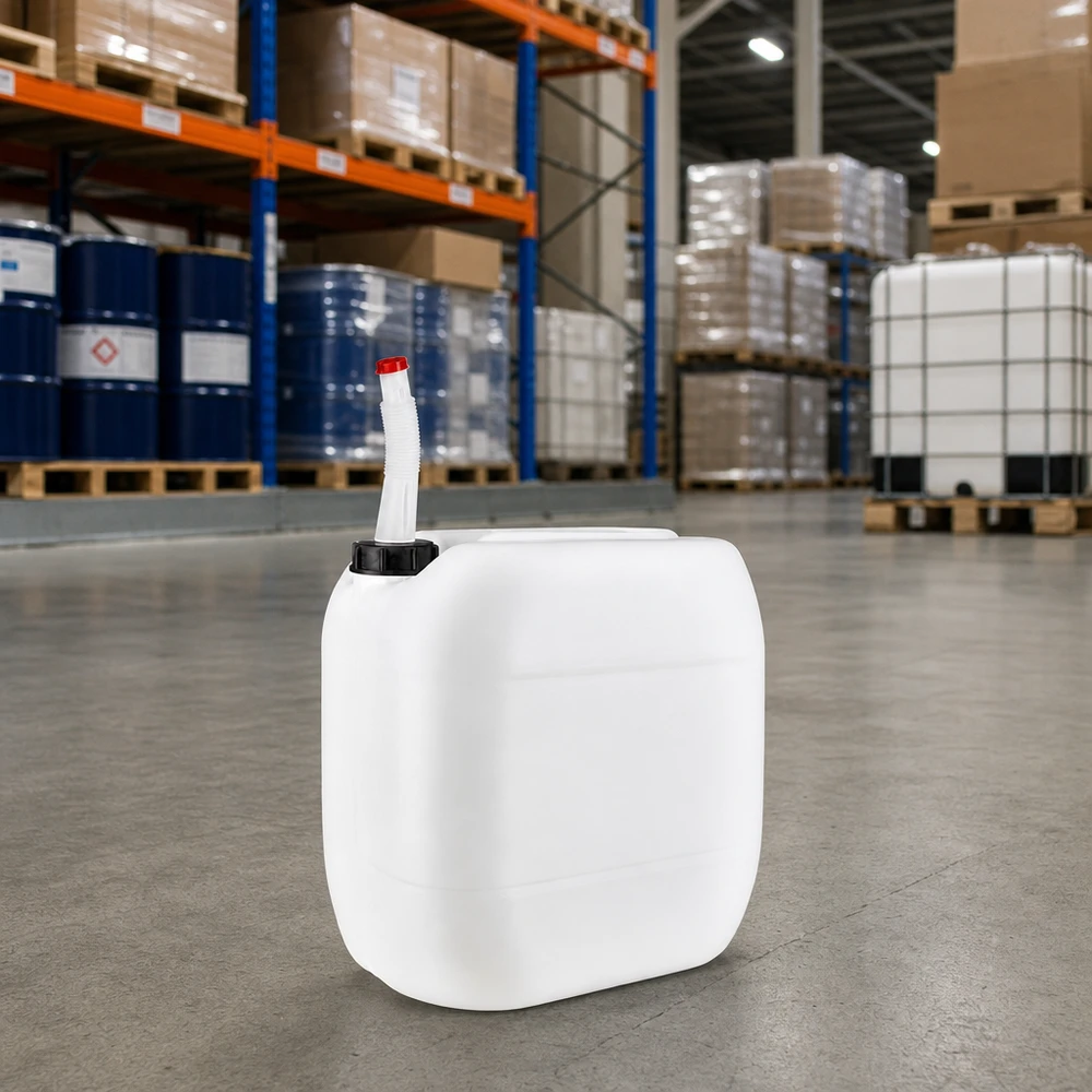 Bidón de 30 litros con tubo de salida flexible Bidón portátil de HDPE de 30 litros con tubo de vertido flexible sobre el suelo de hormigón de un gran almacén