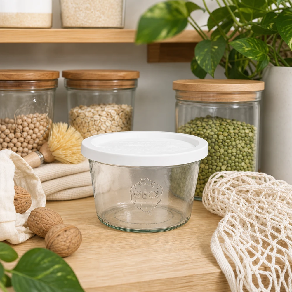 Vaso WECK 370ml RR100 en cocina sostenible de residuo cero con tarros de almacenaje, legumbres y accesorios ecológicos