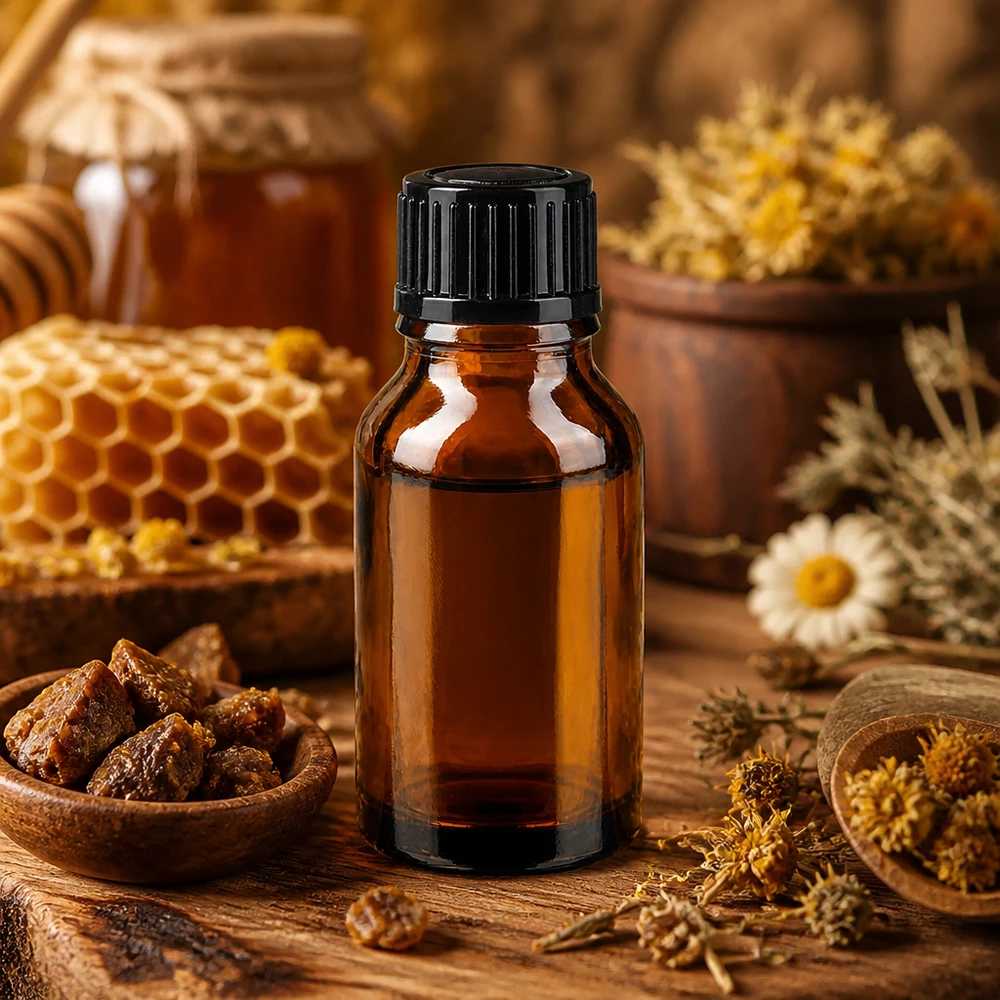 Frasco de cristal marrón de 15 ml con tapón cuentagotas negro, rodeado de hierbas medicinales, panales de abeja y miel