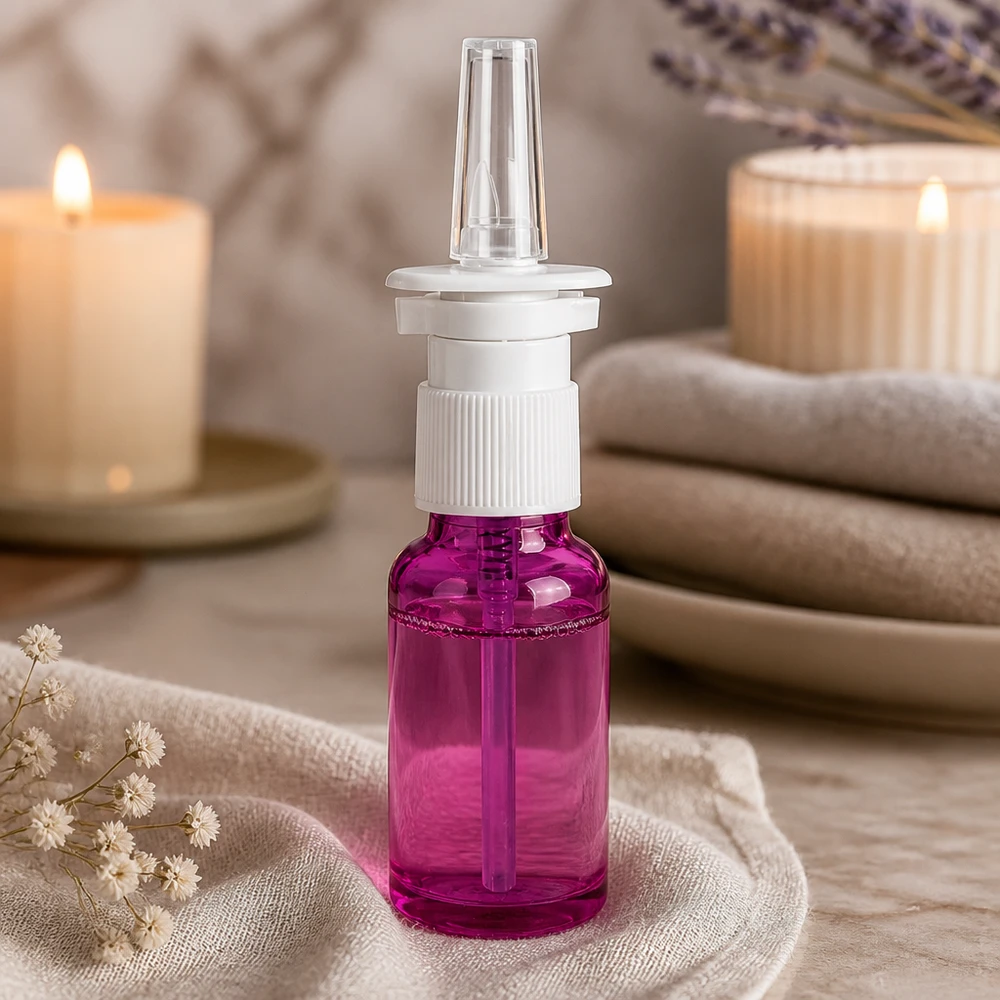 Frasco pulverizador nasal de 20ml blanco/transparente estándar PurpleLine. UT18/20 Frasco de spray nasal de 20 ml con tapón de rosca blanco y tubo de spray transparente de color morado