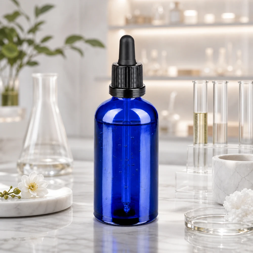 Elegante botella de cristal azul de 100 ml con pipeta ergonómica para facilitar su manejo