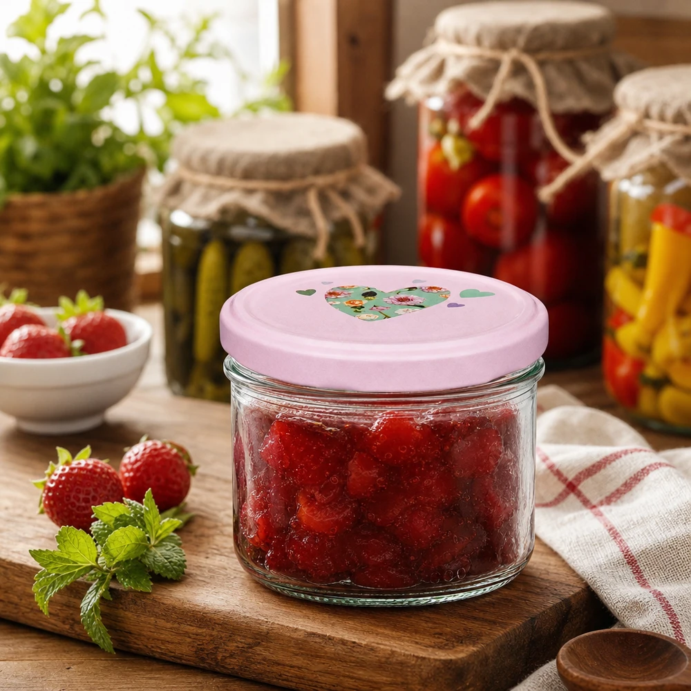 Tarro cilíndrico de 230 ml con tapa de corazón rosa lleno de mermelada de fresa sobre una tabla de madera en una cocina rústica