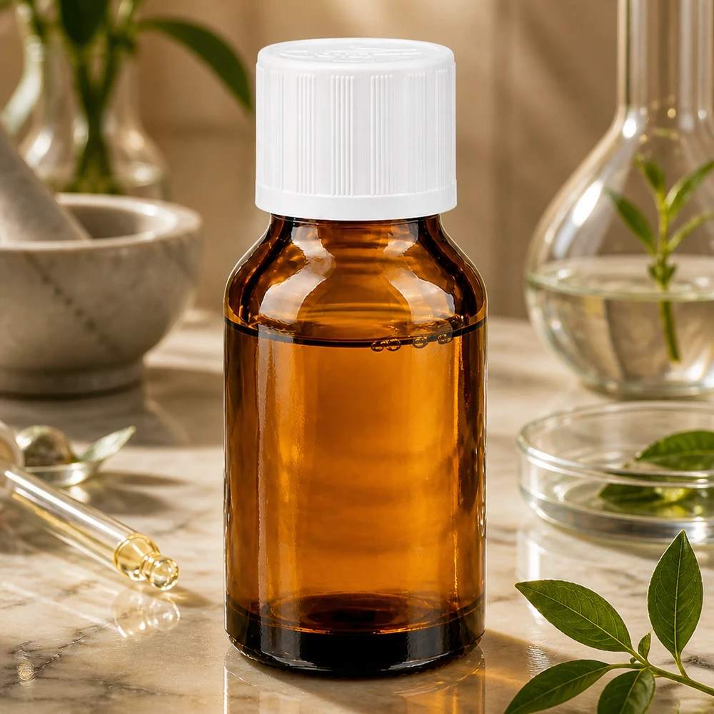 Botella de farmacia marrón 30ml tapón de rosca blanco a prueba de niños estándar Pequeño frasco de farmacia marrón de 30 ml con tapón de rosca blanco sobre una base de mármol con motivos vegetales