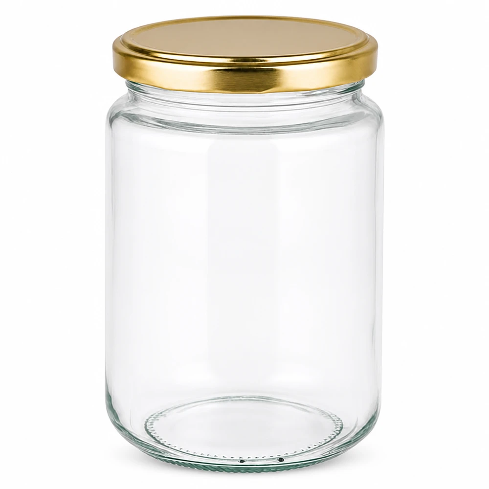 Tarro redondo de 382ml con tapa BasicSeal dorada UNiTWIST Elegantes 382ml Rundglas mit goldenem Twist-off Deckel für Marmelade Honig und Konserven von Glas-Fabrik.de