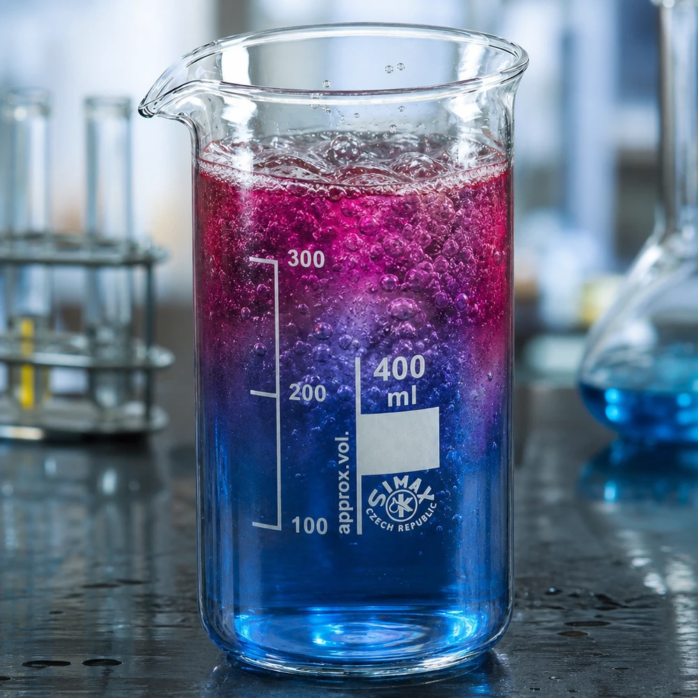 Vaso de precipitados de 400 ml, de forma alta, con una mezcla de reacción que cambia de color del azul al rosa
