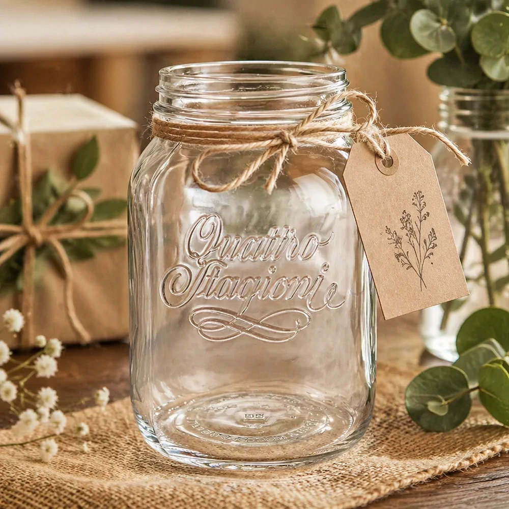 Vaso doméstico Quattro Stagioni de 3000ml con cordón de yute y colgante sobre mesa de madera rústica con decoración