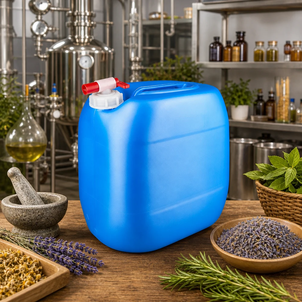 Bidon 30 litros azul con grifo de vaciado Bidón azul de 30 litros con grifo de salida, entre hierbas frescas y lavanda, en una destilería