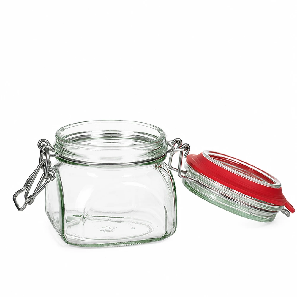 Tarro de conserva cuadrado de 370 ml con práctica tapa abatible de cristal transparente