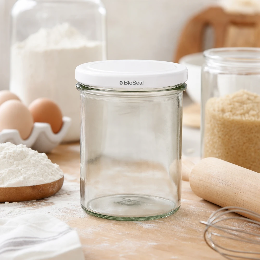 UNiTWIST Lintel350 tarro vacío en escena de repostería con harina huevos y utensilios de cocina muestra el uso versátil TO82 BioSeal