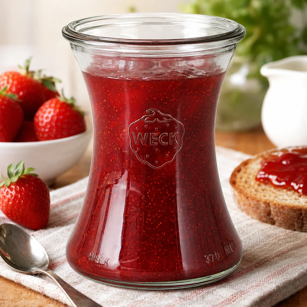 Tarro de cristal para delicatessen WECK RR80 de 370 ml Tarro delicatessen WECK 370ml RR80 relleno de mermelada de fresa roja en un acogedor desayuno con tostadas