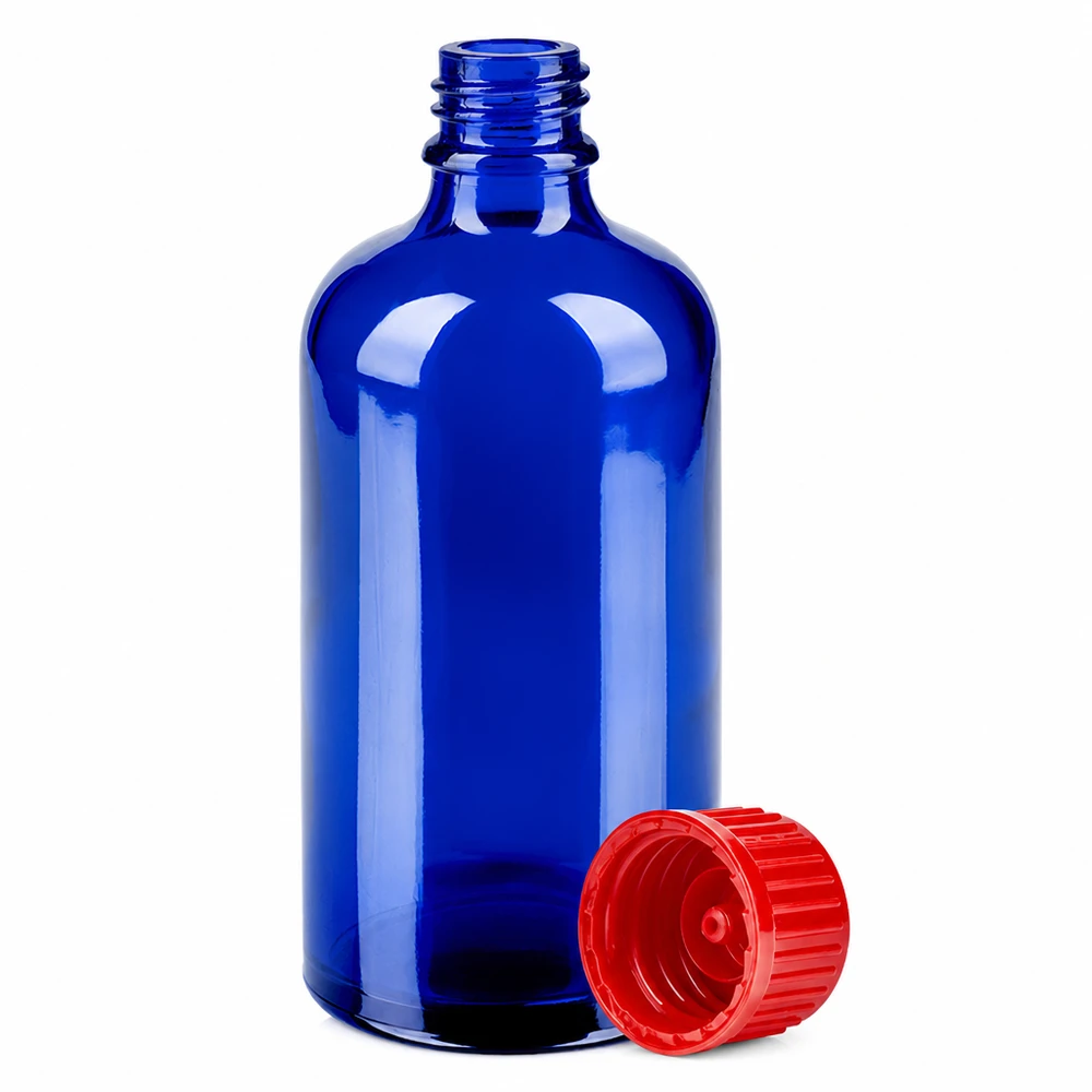 Botella de vidrio BlueLine azul cobalto de 100 ml con rosca estándar de 11 mm y tapón rojo UT18/100