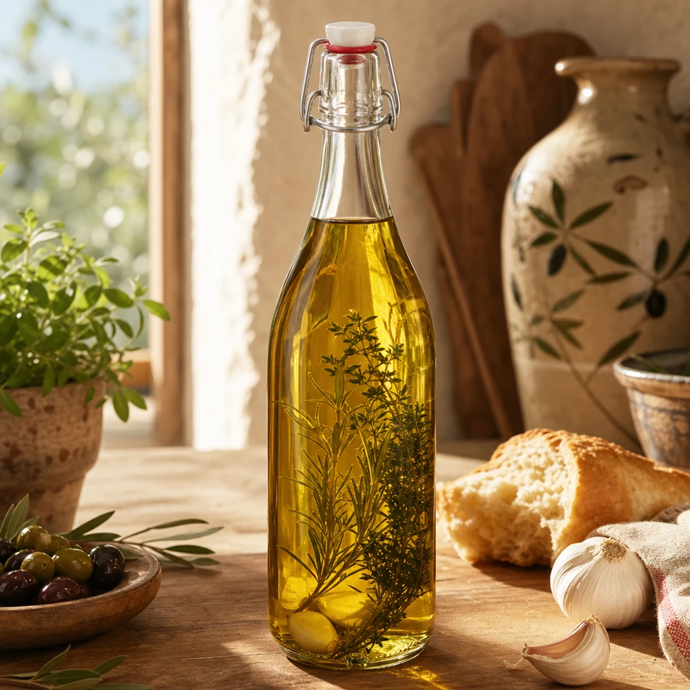 Botella de vidrio de 1000ml + tapa oscilante de porcelana UNiTWIST Glasflasche 1000ml mit Kräuteröl befüllt zeigt vielseitige Verwendung für Küche und Aufbewahrung