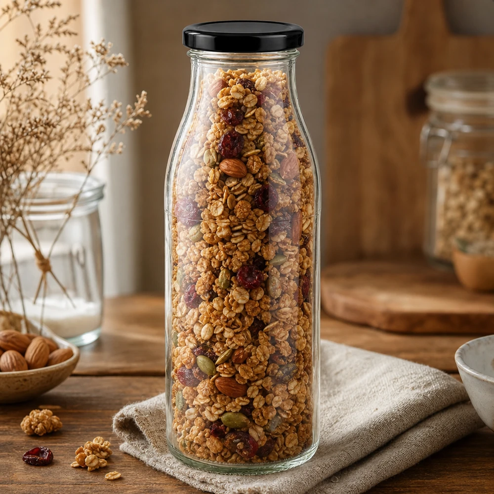 Botella de vidrio de 500 ml + tapa BasicSeal negra UNiTWIST 500ml Glasflasche mit schwarzem Deckel gefüllt mit Müsli und Nüssen auf Holztisch rustikale Küchendeko
