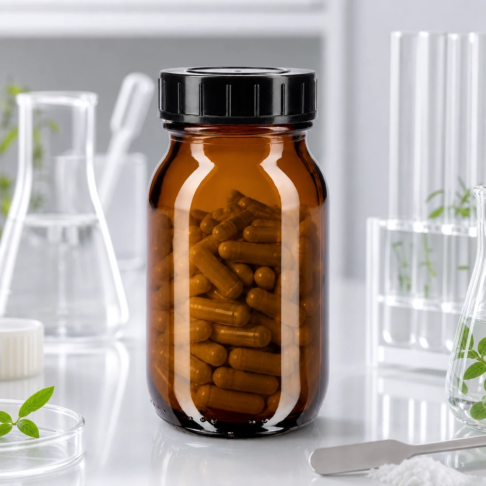 Botella de vidrio de cuello ancho de 100 ml en color marrón con abertura ancha para facilitar el llenado