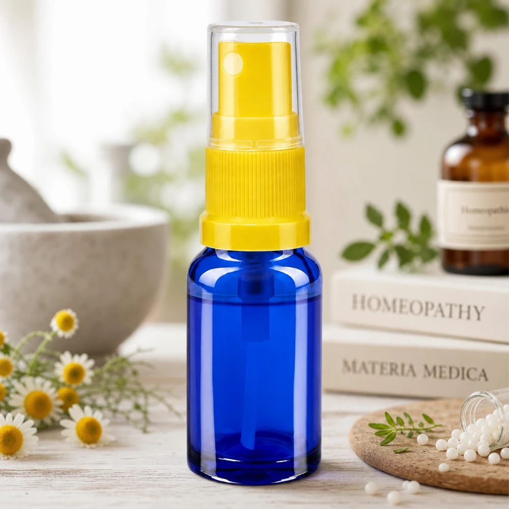 Frasco homeopático con pulverizador de 10 ml, de cristal azul con pulverizador amarillo, modelo STD de ApoGlas
