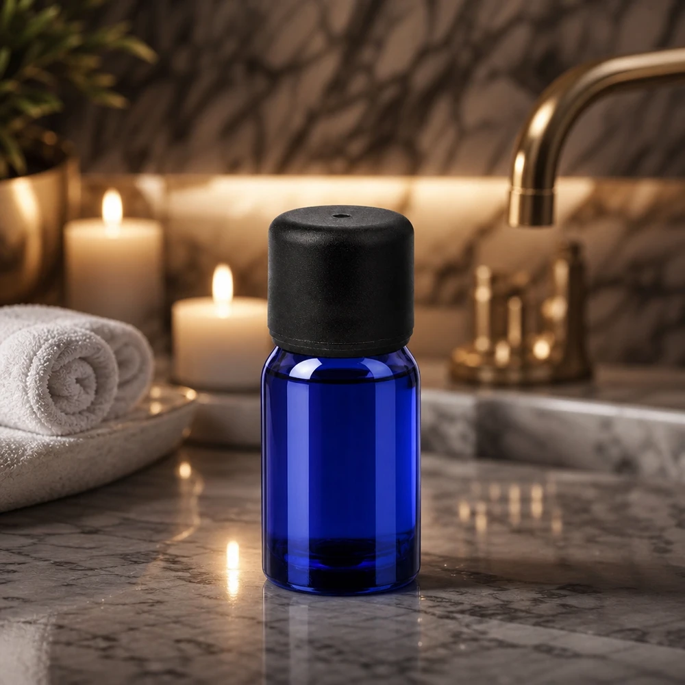 Frasco de vidrio BlueLine de 5 ml en azul cobalto con tapón de rosca negro para aromaterapia