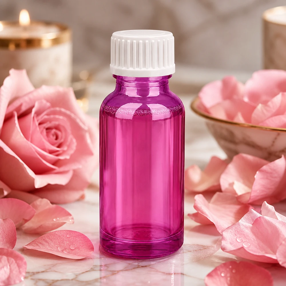 Frasco de 20 ml (glóbulo) Anillo vertedor de 3 mm blanco estándar PurpleLine.UT18/20 Frasco de vidrio morado de 20 ml con tapón blanco para aromaterapia y cosmética