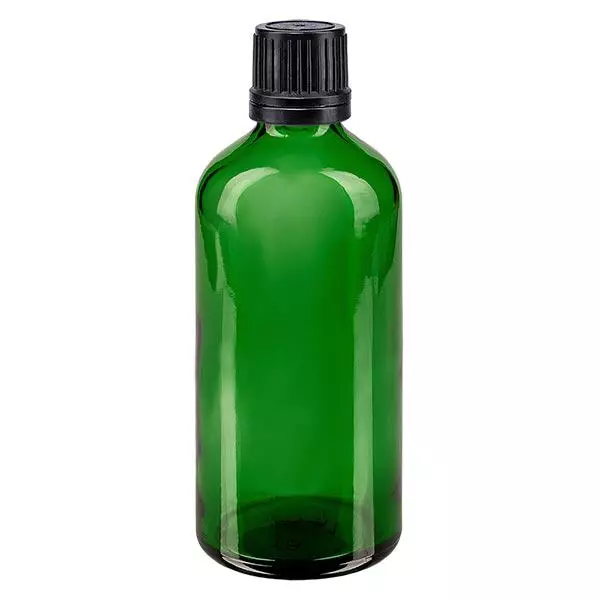 Botella de farmacia verde 100ml tapón de rosca negro anillo vertedor cierre inviolable