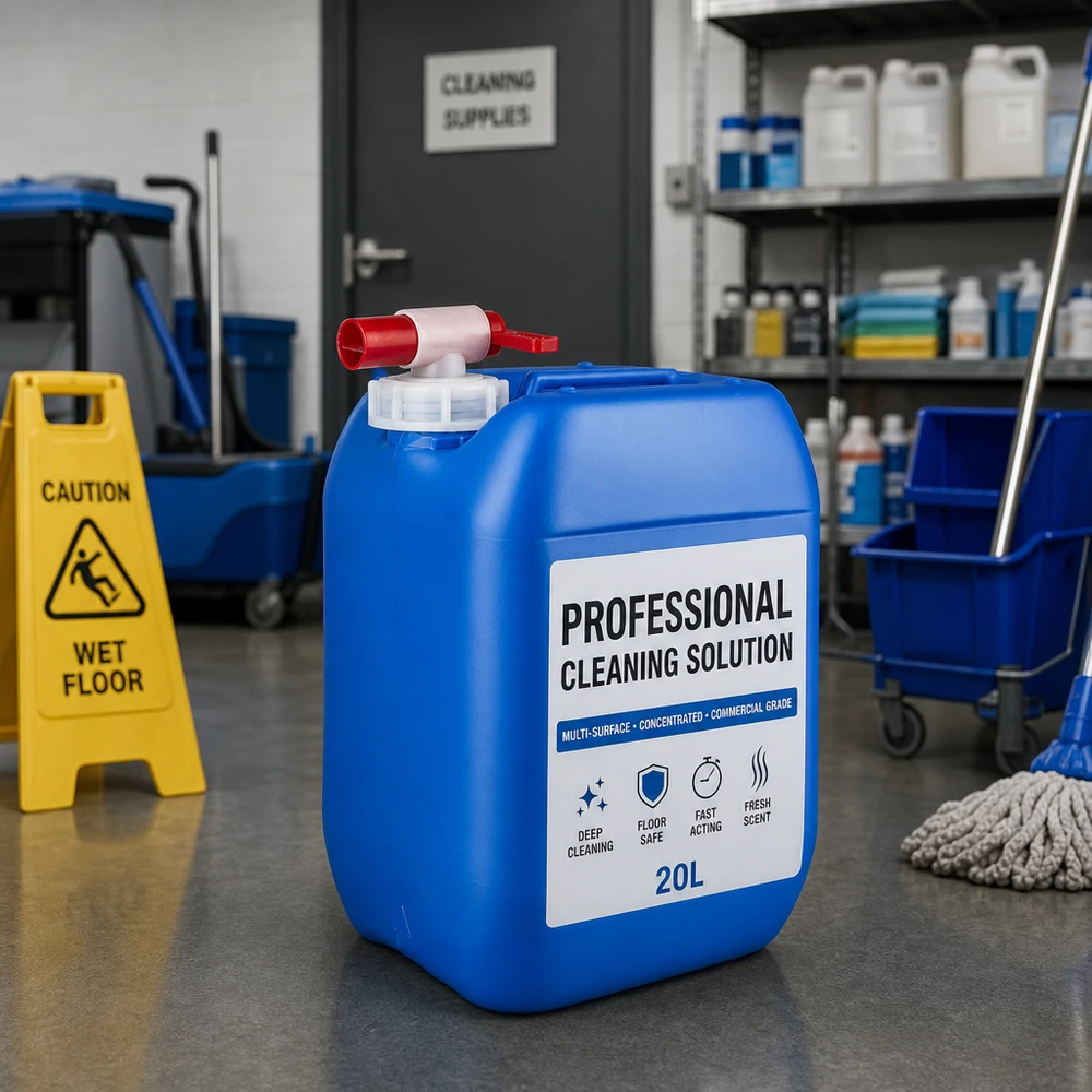 Bidón de plástico azul de 10 litros con grifo de salida para el sector de la limpieza profesional