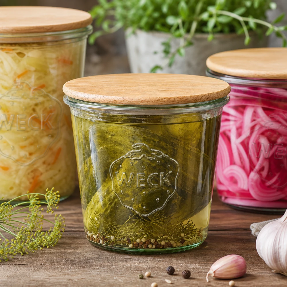 WECK Tarro de cristal de 580 ml con tapa de madera lleno de pepinillos en vinagre, escena de cocina con hierbas frescas y ajo