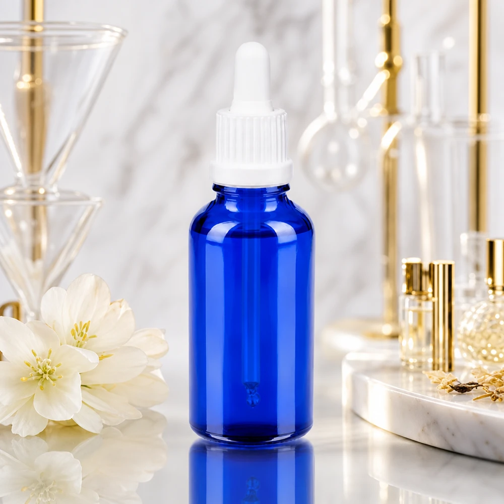 Frasco pipeta 30ml cierre inviolable blanco BlueLine UT18/30 Frasco pipeta BlueLine UT18 de 30 ml con tapón blanco para aplicaciones cosméticas y sueros