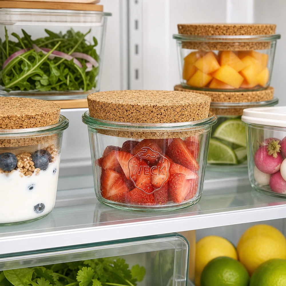 Tarro de 35ml WECK RR40 con corcho natural WECK RR40 Tarro de 35 ml con tapón para conservar alimentos en el frigorífico junto a frutas y verduras