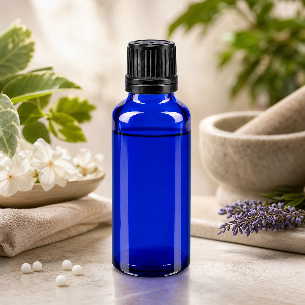 Frasco de cristal de farmacia azul cobalto de 30 ml con tapón negro junto a una lavanda y un mortero