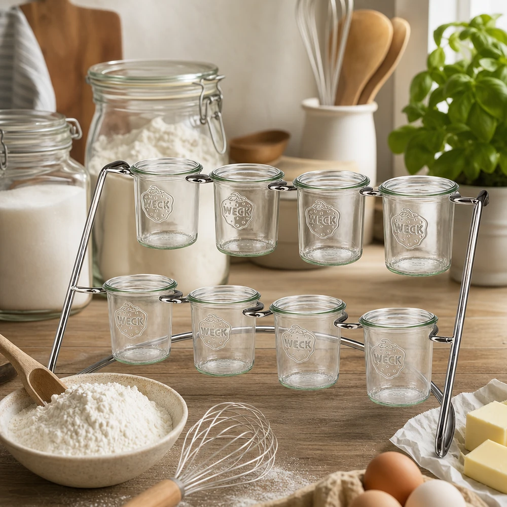 Estante para servir WECK Flato8 en una cocina moderna con ingredientes de repostería y vasos vacíos para especias y provisiones