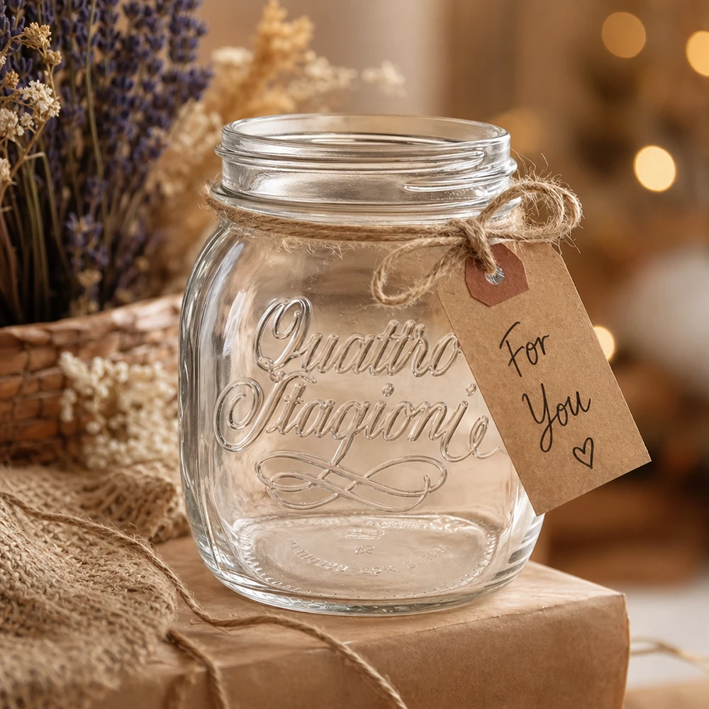 Vaso doméstico Quattro Stagioni de 700 ml con etiqueta de regalo sobre una mesa de madera rústica con decoración de lavanda
