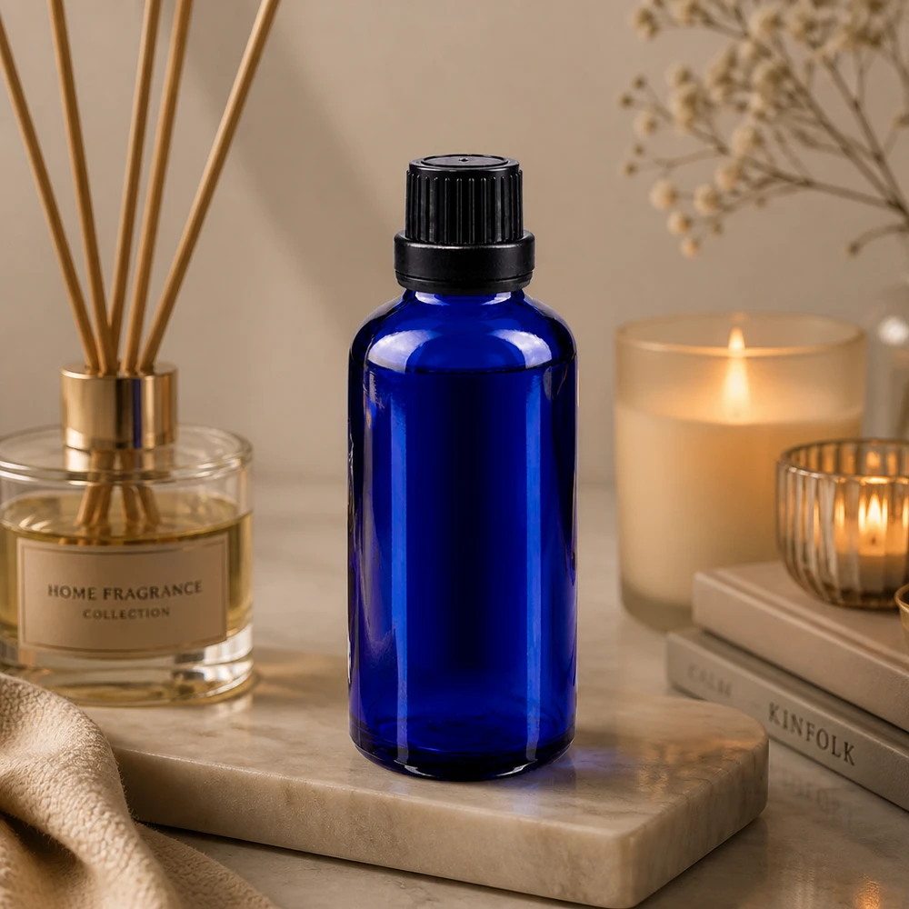 Frasco de farmacia de 50 ml de cristal azul con tapón de seguridad negro de 11 mm para aceites esenciales