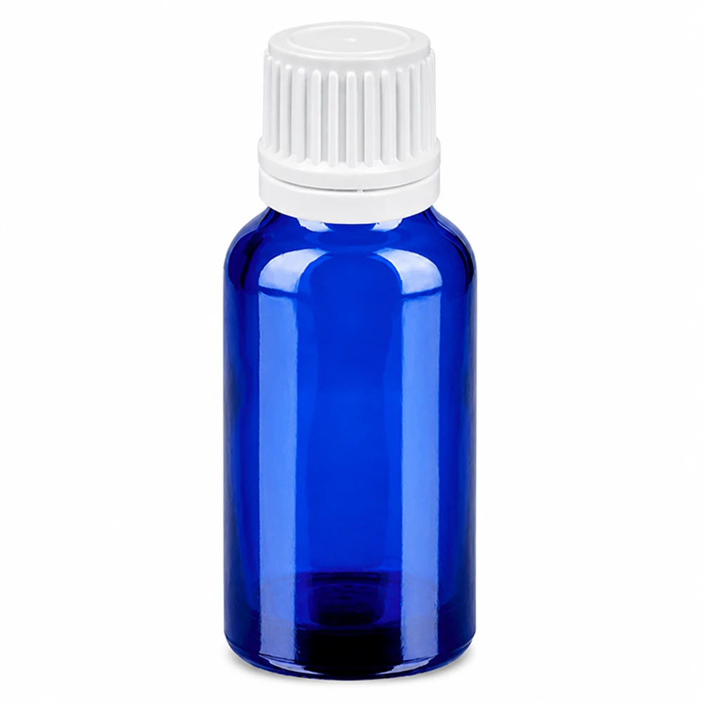Frasco cuentagotas 20ml 0.7mm blanco tapón inviolable BlueLine UT18/20 Frasco cuentagotas de 20 ml de vidrio azul con tapón blanco para una dosificación precisa