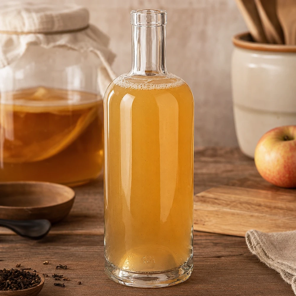 Botella de cristal de 750ml Emma llena de vinagre de sidra de manzana en cocina rústica junto a manzana y utensilios de cocina sobre tabla de madera