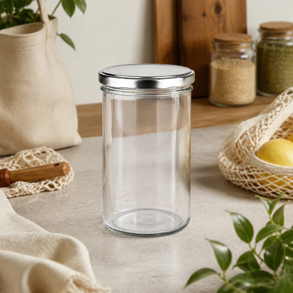 Vasos de 277 ml con tapa BasicSeal plateada en la cocina sostenible de residuo cero junto a la cestería y los tarros de almacenaje