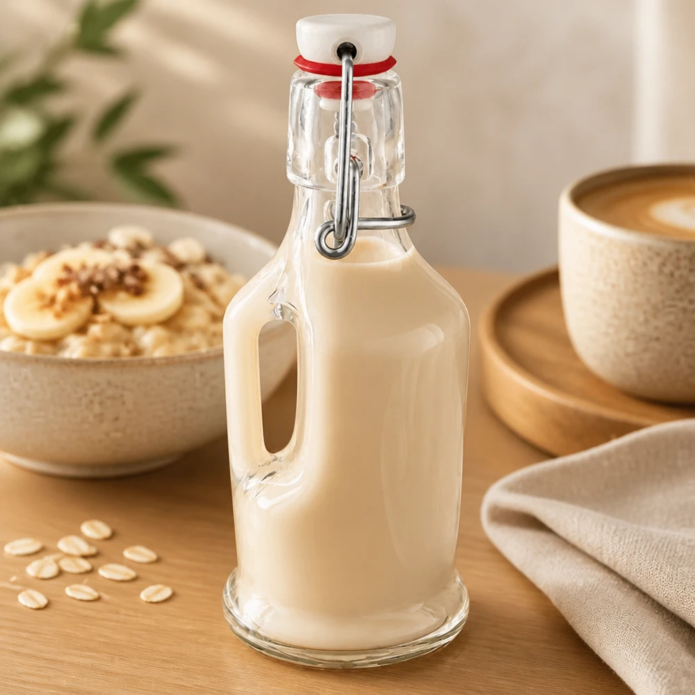 Botella de vidrio de 200 ml «Bertha» y tapón de PVC UNiTWIST® Glasflasche Bertha 200ml mit cremiger Hafermilch befüllt, Bügelverschluss UNiTWIST, Frühstücksszene mit Müsli und Kaffee