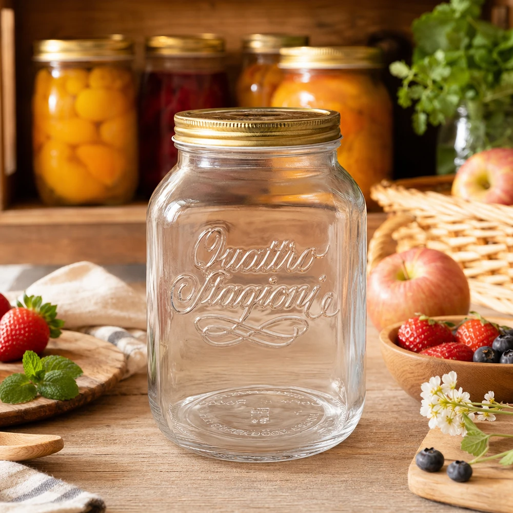 Tarro redondo "Quattro Stagioni" de 3000 ml con tapa Tarro de conservas Quattro Stagioni de 3000 ml en una cocina rústica con fruta fresca y conservas al fondo