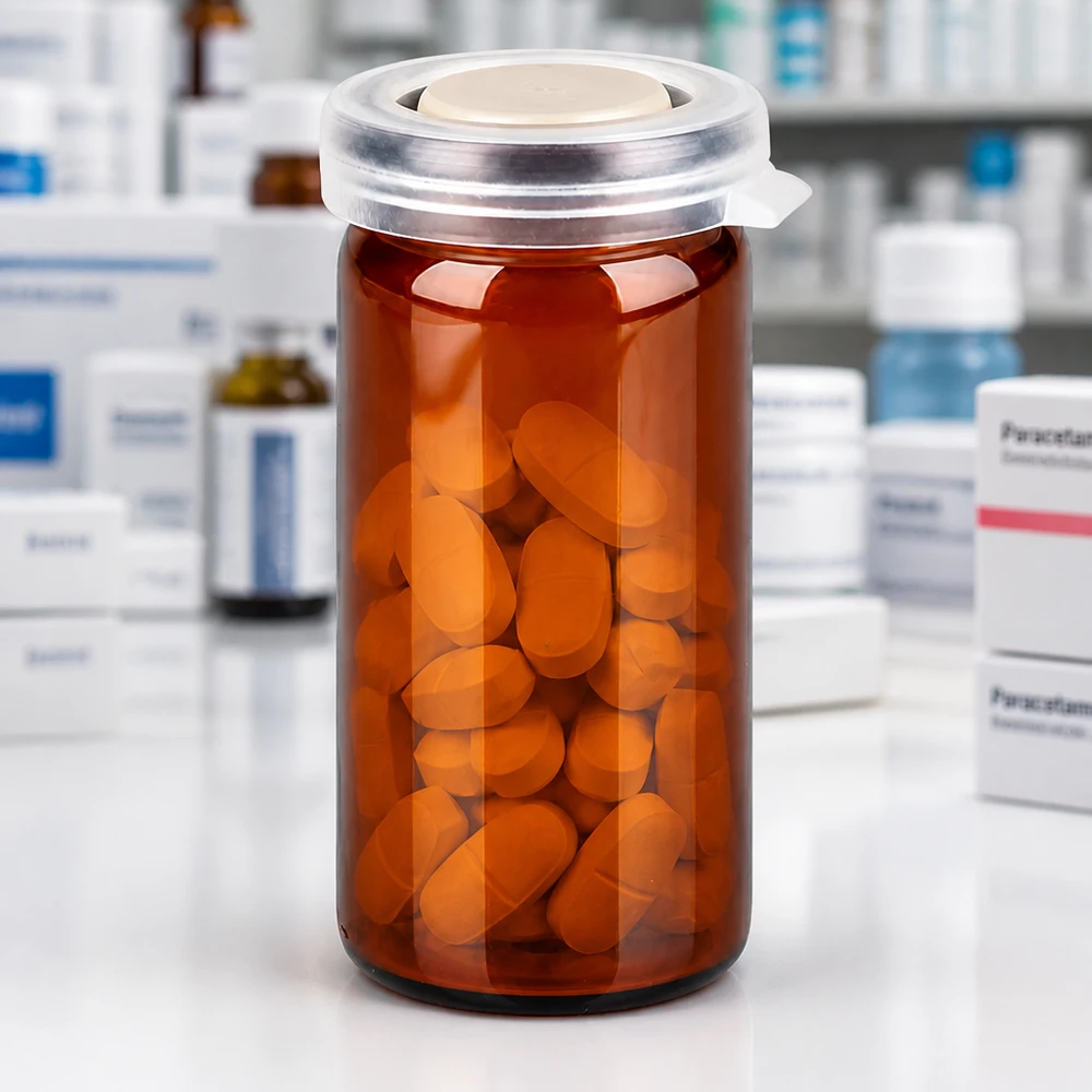 Tarro con borde de tableta/rollo 10ml marrón con tapa a presión Frasco farmacéutico de vidrio marrón con tapa a presión y comprimidos recubiertos de película de color naranja en un entorno de farmacia