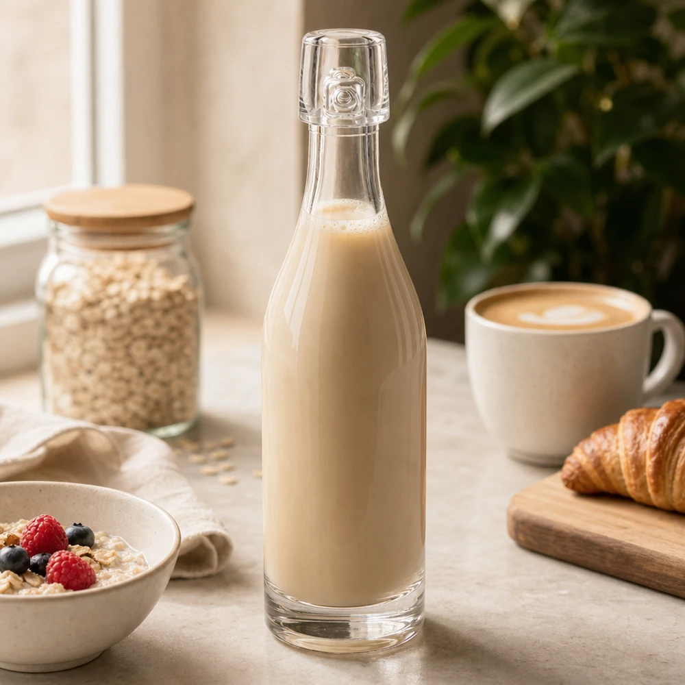Botella de cristal de 50 ml de UNiTWIST rellena de leche de avena entre los ingredientes del desayuno Tazón de cereales y croissant Mesa de cocina