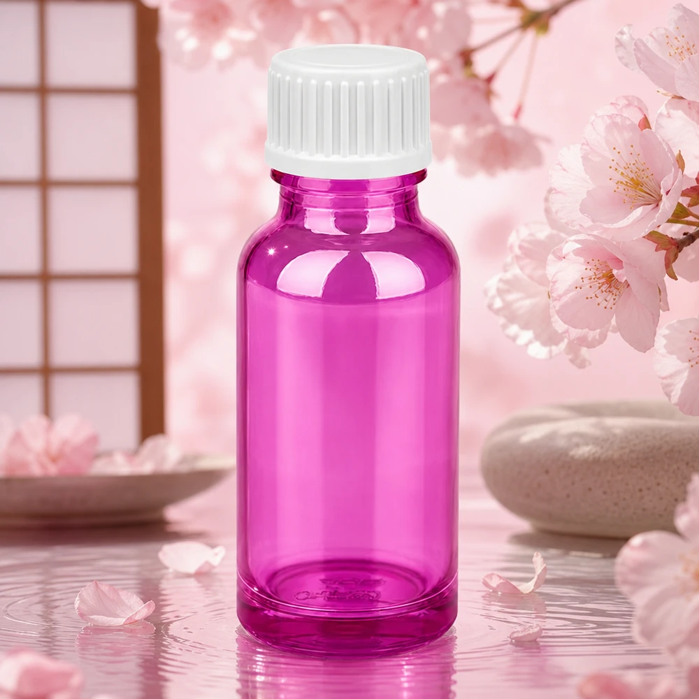 Pequeño frasco cuentagotas de 20 ml de color morado brillante con tapón estándar blanco