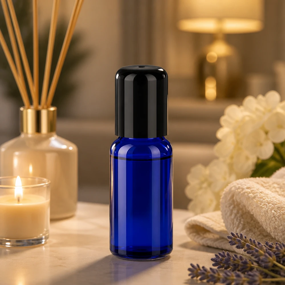 Frasco roll-on 20ml negro tapón estándar BlueLine UT18/20 Frasco roll-on de 20 ml de vidrio azul de alta calidad con tapón negro para cosméticos líquidos
