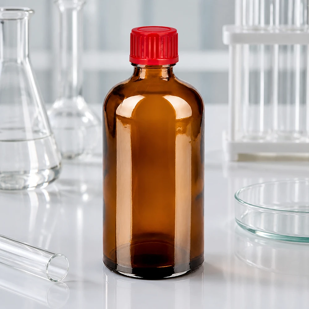 Frasco de vidrio BrownLine de 100 ml con rosca SV de 11 mm y tapón de rosca rojo para aplicaciones de laboratorio