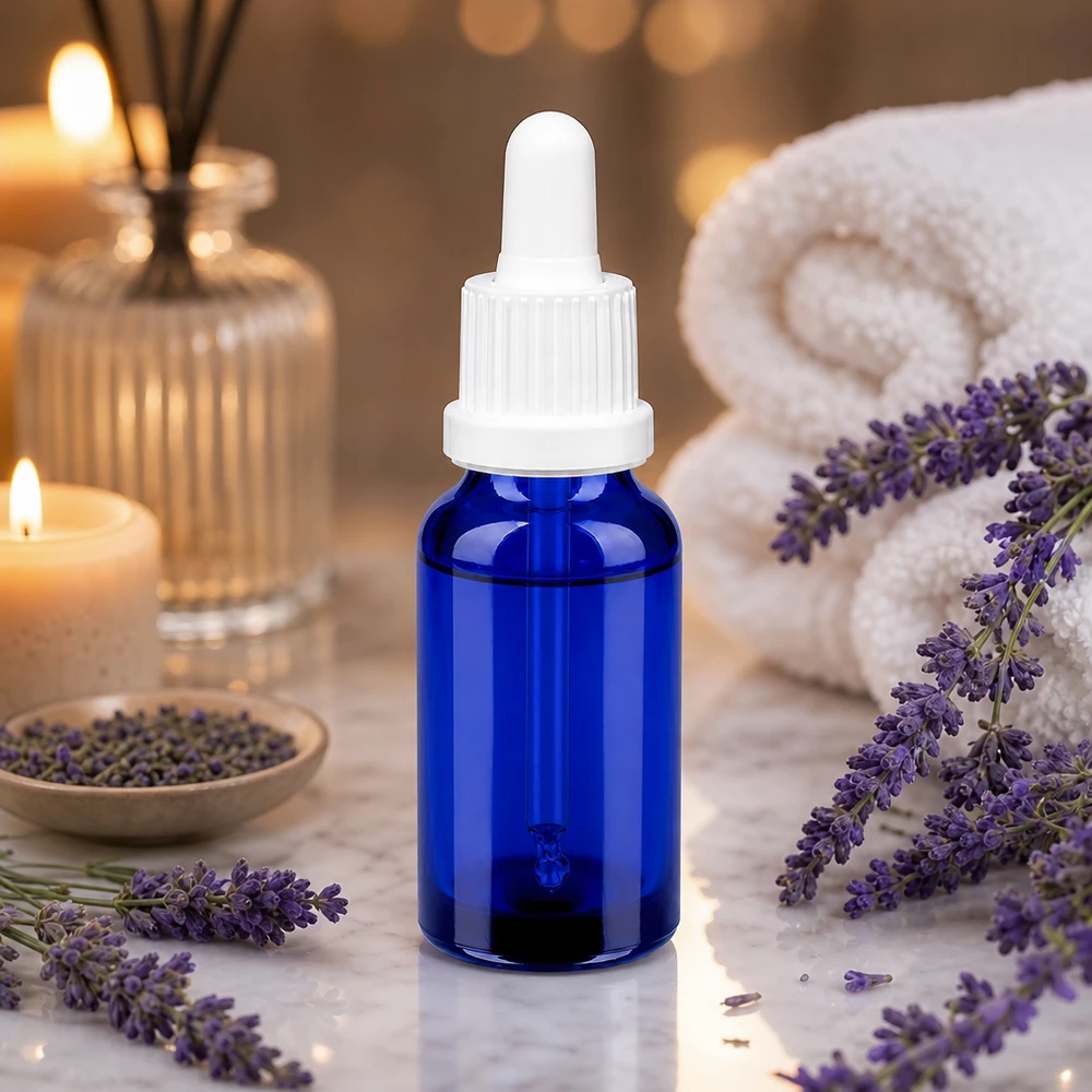 Pequeño frasco pipeta de 20 ml en elegante azul con tapón blanco para aplicaciones de aromaterapia