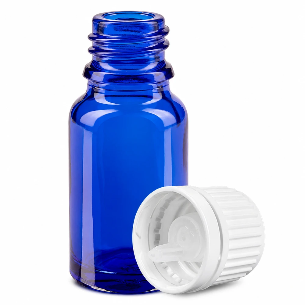 Frasco cuentagotas 10ml 0.7mm blanco cierre inviolable BlueLine UT18/10 Frasco de cristal azul de 10 ml con tapón cuentagotas blanco para dosificar líquidos con precisión