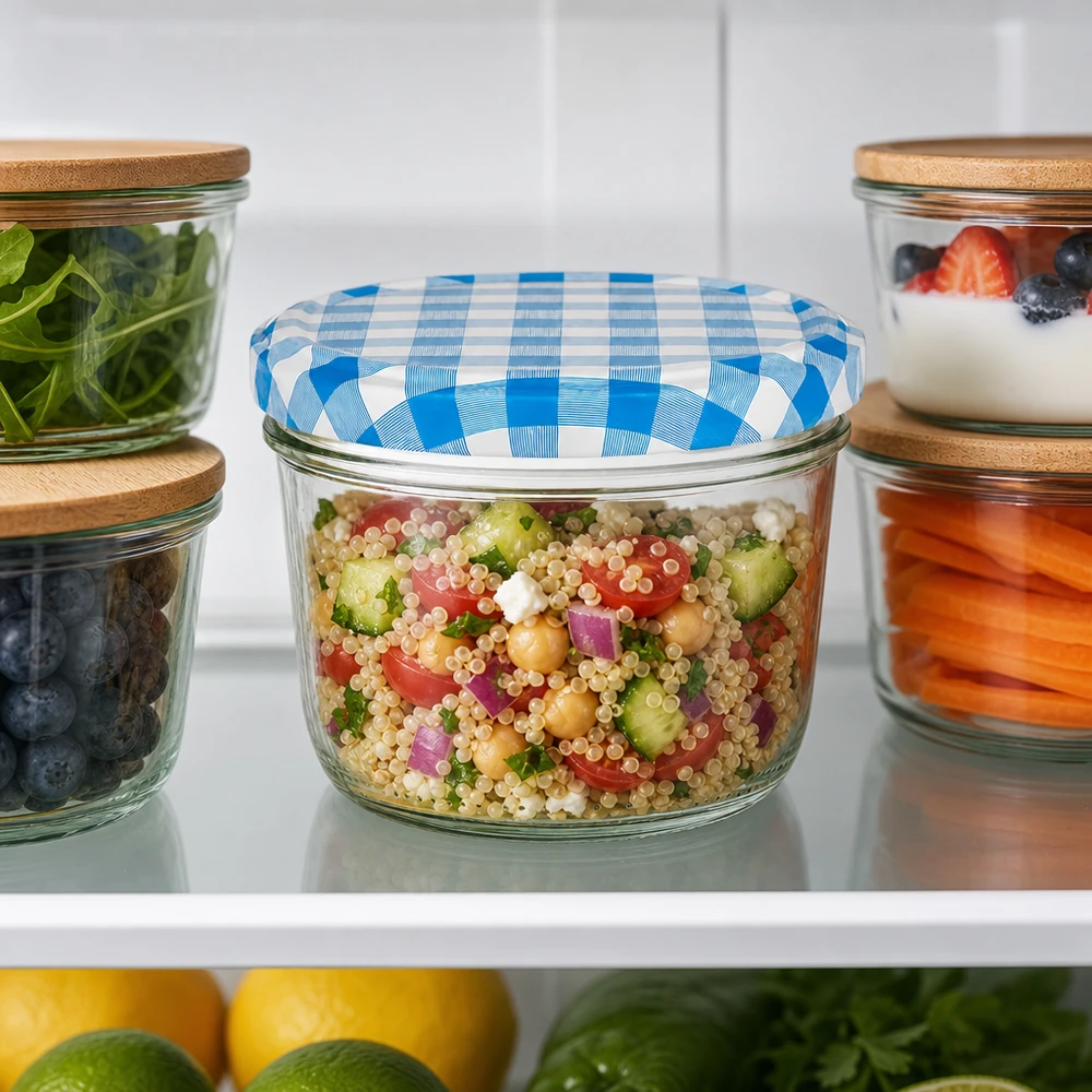 Tarro de cristal de 230 ml con tapa BasicSeal azul y blanca como recipiente para preparar la ensalada de quinoa en el frigorífico