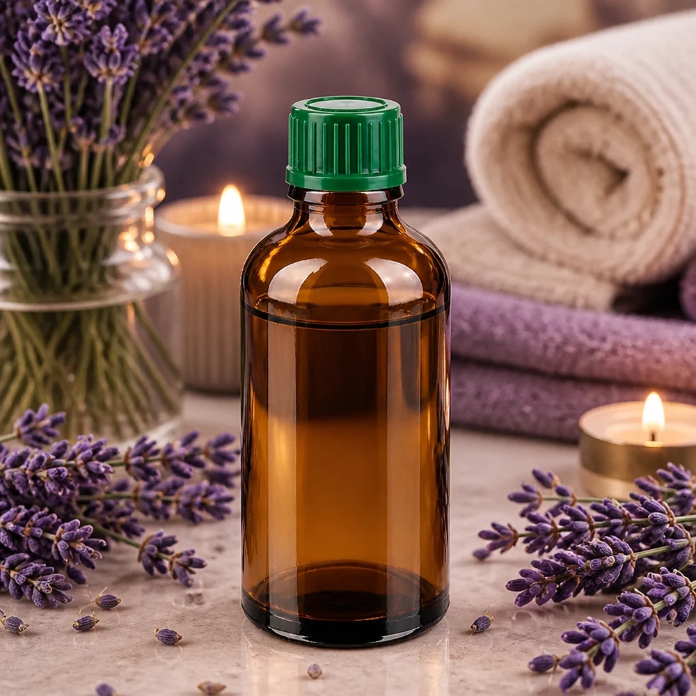 Frasco de vidrio marrón de 50 ml con tapa verde ideal para aromaterapia y cosmética natural