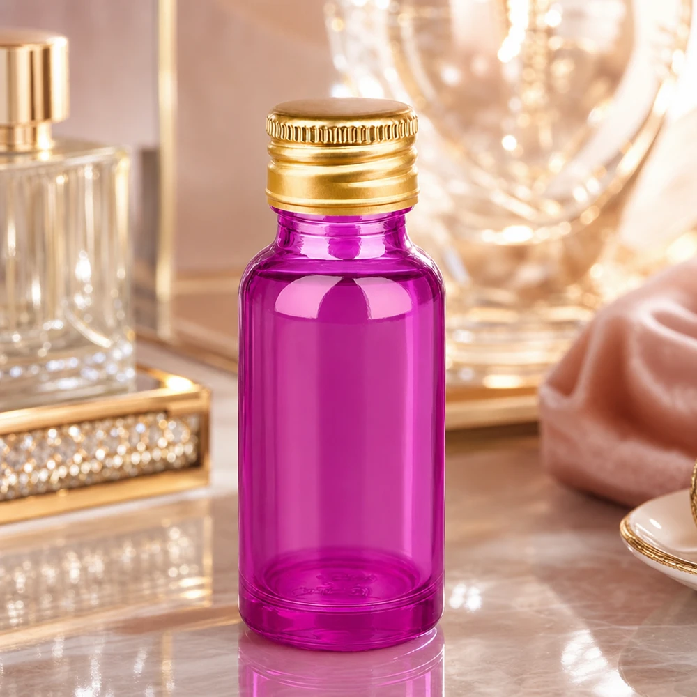 Elegante frasco de perfume de cristal violeta de 20 ml con tapón de metal dorado para fragancias exclusivas