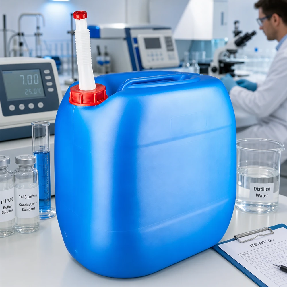 Bidón de laboratorio de 30 litros, azul, con tubo de salida flexible, junto con una solución tampón de pH y un patrón de conductividad
