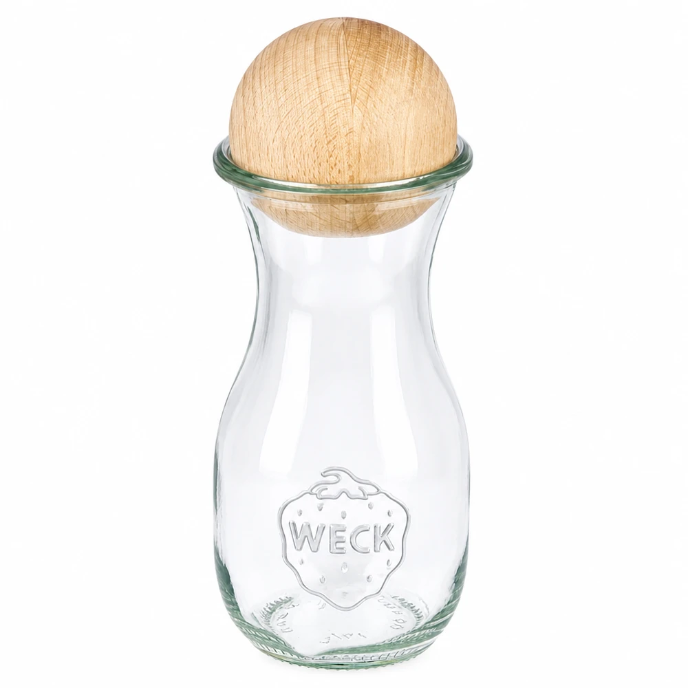 Botella para zumo de 290 ml WECK RR60 con bola de madera de haya Botella de zumo WECK 290ml RR60 de cristal con bola de madera de haya como tapón, diseño clásico para bebidas