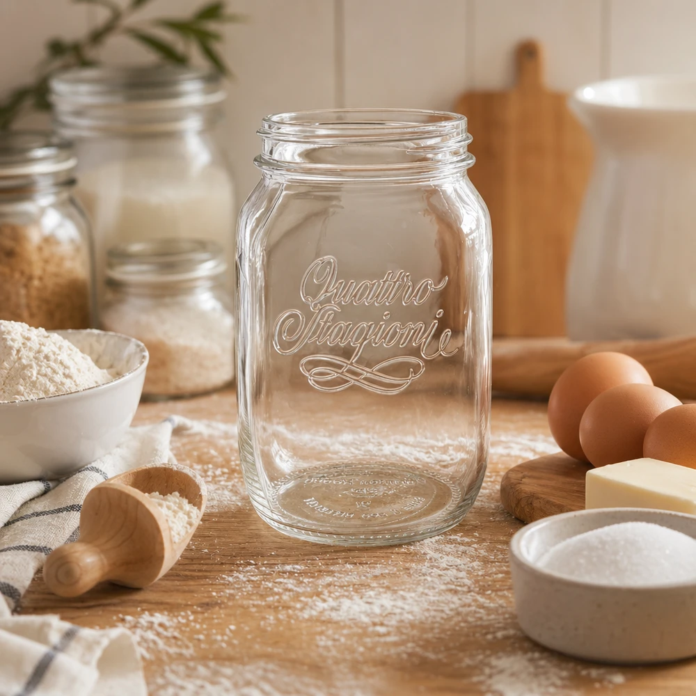 Tarro redondo 1000ml "Quattro Stagioni" QS86mm Tarro doméstico Quattro Stagioni de 1000 ml vacío sobre mesa de madera con ingredientes de repostería harina huevos y utensilios de cocina