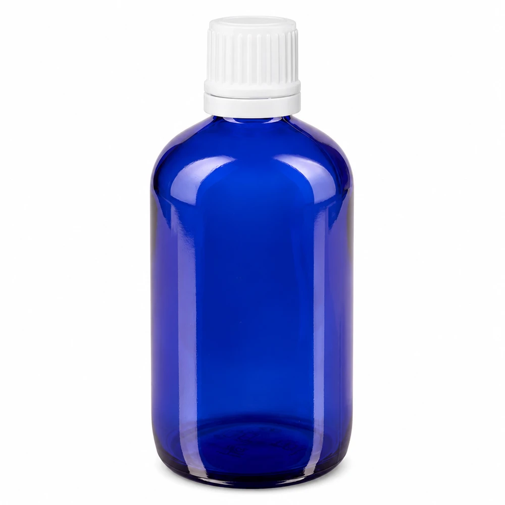 Frasco de farmacia de cristal azul de 100 ml con tapón de seguridad blanco y dosificador de 0,7 mm