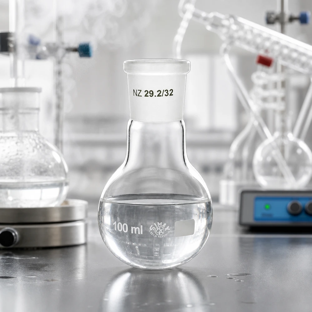 Frasco de laboratorio compacto de 100 ml con fondo redondo y junta esmerilada NS 29/32 para procesos de destilación